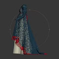 Elegant Blue Long Sleeve Dress with Red Accents and Tulle Hem Design