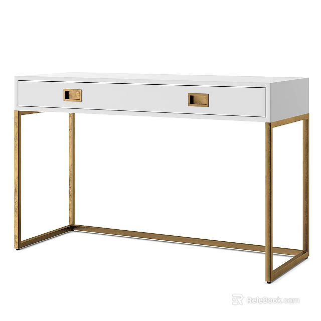 Modern White Desk With Two Drawers Gold Handles And Gold Metal Frame 3d model 
