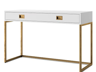 Modern White Desk With Two Drawers Gold Handles And Gold Metal Frame 3d model
