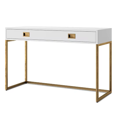 Modern White Desk With Two Drawers Gold Handles And Gold Metal Frame 3d model