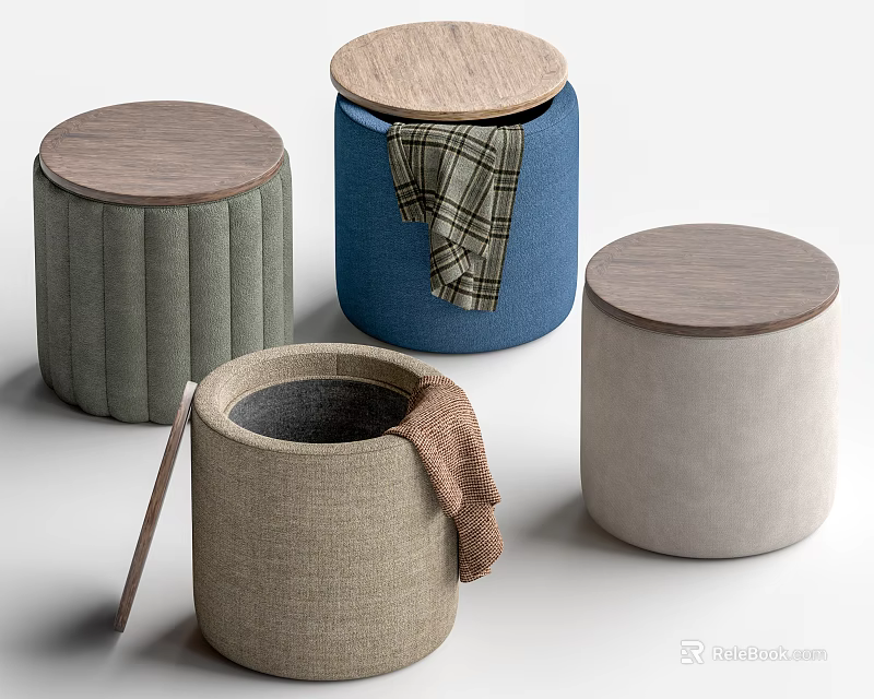 Versatile Fabric Storage Ottomans With Wooden Lids For Home Living Room Decor 3d model 