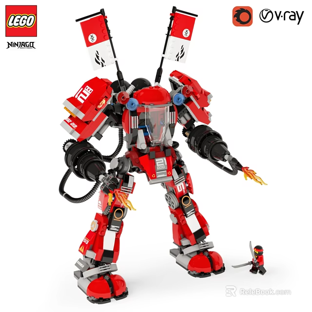 NINJAGO Red Robot Mech Action Figure with Mechanical Arms Flame Effects and Small Figure 3d model 