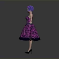 Purple Haired Character In Purple Floral Dress With Outstretched Arms On Gray Background