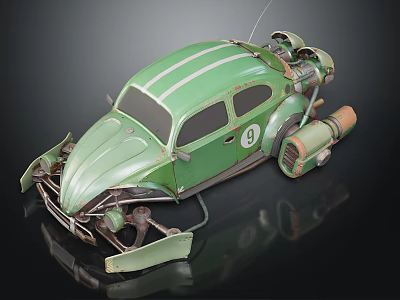 Vintage Green Metal Toy Car With White Stripes Number 9 And Exposed Mechanical Parts 3d model