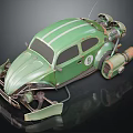 Vintage Green Metal Toy Car With White Stripes Number 9 And Exposed Mechanical Parts