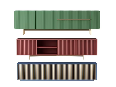 Modern TV Cabinets With Vertical Slats Green Red Blue Colors And Metal Legs 3d model