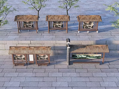 Garden Decorative Structures With Thatched Roofs Wooden Frames And Stone Pavement Near Trees And Steps 3d model