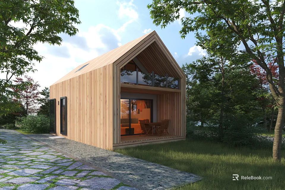 Modern Wooden House Exterior With Large Windows Trees Grass And Stone Path 3d model 