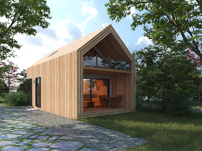 Modern Wooden House Exterior With Large Windows Trees Grass And Stone Path 3d model