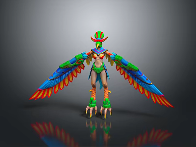 Vibrant Fantasy Game Movie Character With Colorful Feathered Wings Bird Head Decoration And Clawed Feet 3d model