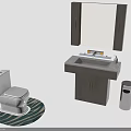 Modern Bathroom Interior With White Toilet Vanity Mirror Striped Rug And Trash Can