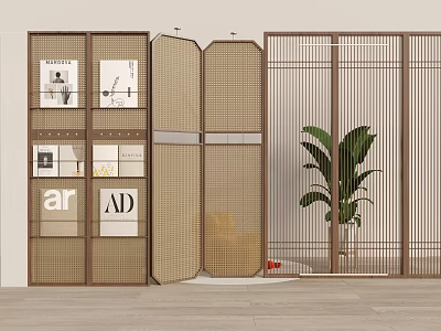 Modern Interior Room Dividers With Wicker Slats Shelving And Potted Plant 3d model