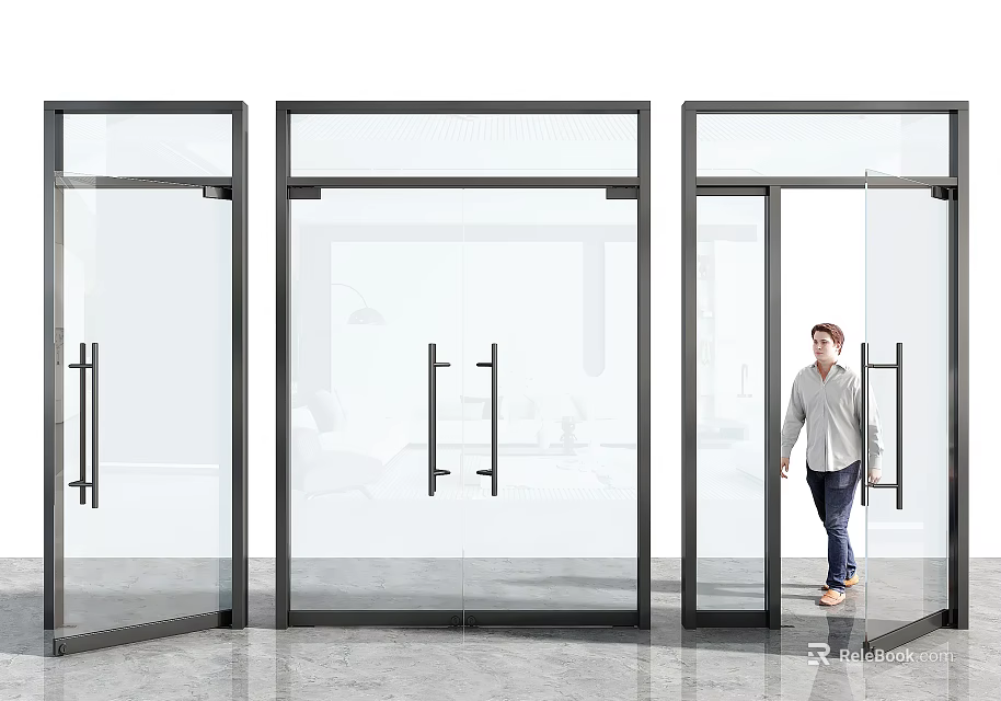 Modern Glass Doors With Black Frames And Person Walking Through Entrance Design 3d model 