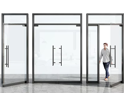Modern Glass Doors With Black Frames And Person Walking Through Entrance Design 3d model