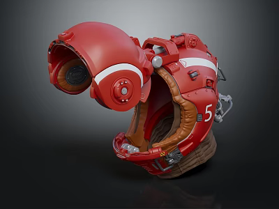 Red Futuristic Helmet Design With Mechanical Details White Stripes Interior Lining And Number 5 3d model
