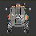 Orange Tractor With Open Hood Large Black Tires And Reflective Surface