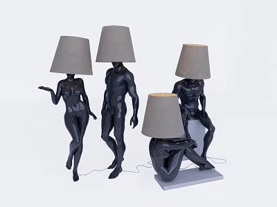 Modern Sculptural Floor Lamps With Black Human Shaped Bodies And Gray Shades 3d model
