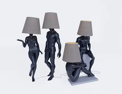 Modern Sculptural Floor Lamps With Black Human Shaped Bodies And Gray Shades 3d model