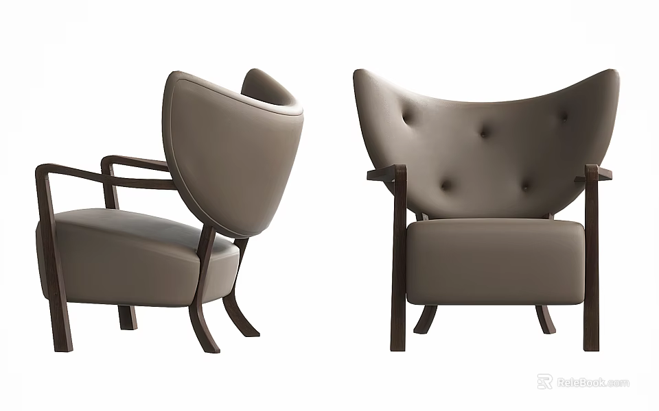 Modern Single Sofa with Curved Tufted Backrest and Wooden Legs Design 3d model 