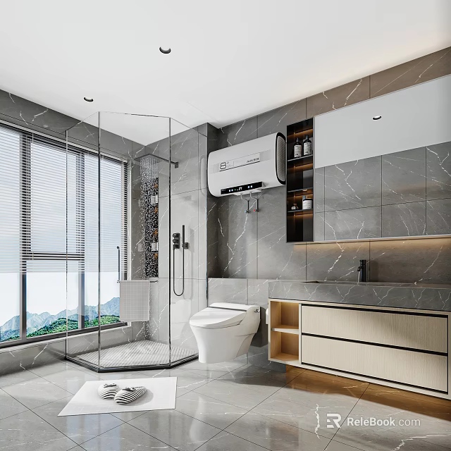 Modern Bathroom With Mountain View Glass Shower And Smart Toilet 3d model 