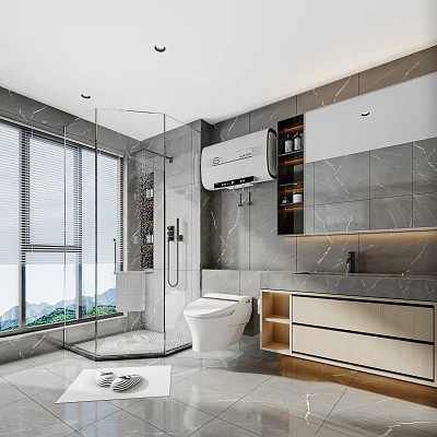 Modern Bathroom With Mountain View Glass Shower And Smart Toilet 3d model