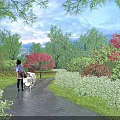 Scenic Evening Park Landscape With Person Pushing Stroller On Wet Path And Colorful Trees