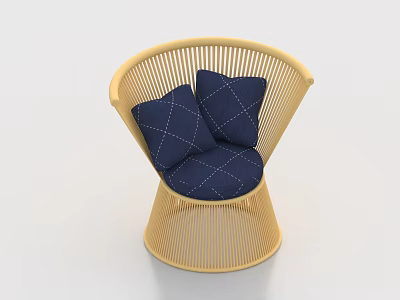 Modern Rattan Leisure Chair With Navy Blue Quilted Cushions And Natural Frame 3d model