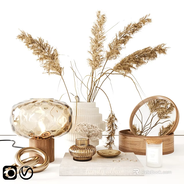 Decorative Ornament Set With Dried Pampas Grass Glass Lamp Ceramic Vase And Wooden Storage Box 3d model 