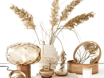 Decorative Ornament Set With Dried Pampas Grass Glass Lamp Ceramic Vase And Wooden Storage Box 3d model