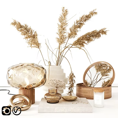 Decorative Ornament Set With Dried Pampas Grass Glass Lamp Ceramic Vase And Wooden Storage Box 3d model