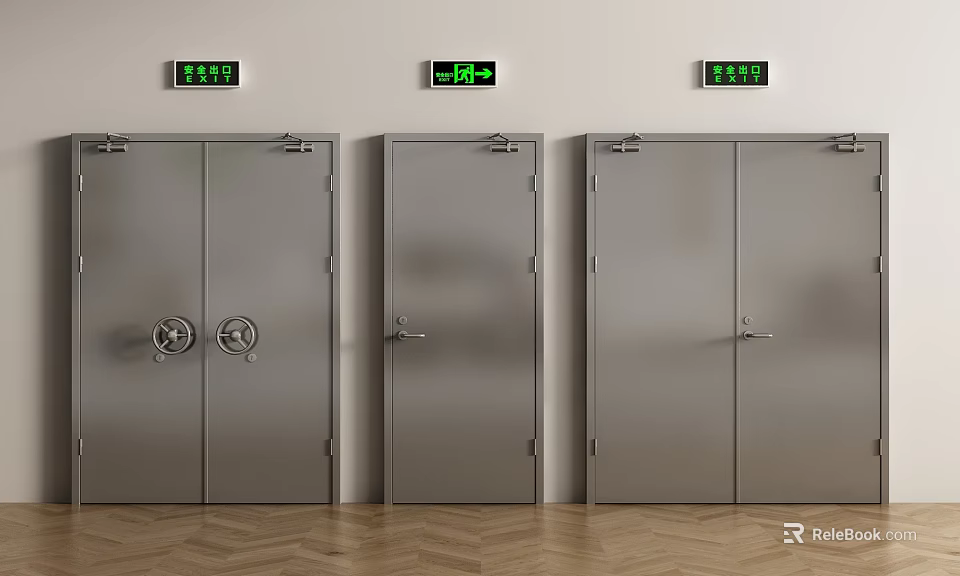 Gray Metal Double Doors With Green Status Indicators In Modern Industrial Interior 3d model 