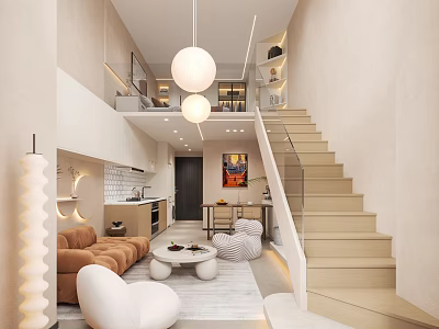 Modern Loft Apartment Interior With Hanging Lights Staircase Living Room Sofa And Kitchen 3d model