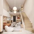 Modern Loft Apartment Interior With Hanging Lights Staircase Living Room Sofa And Kitchen 3d model