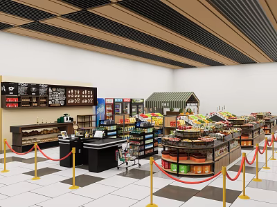 Supermarket Grocery Store Interior With Shelves Checkout Counter And Fresh Produce Sections 3d model