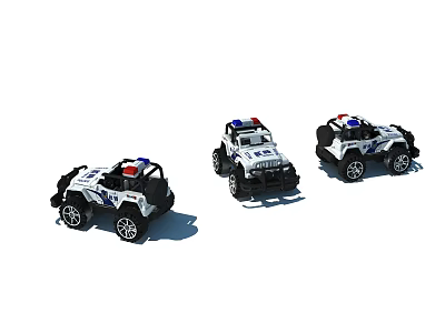 Three White Toy Police Cars With Blue Red Emergency Lights 3d model