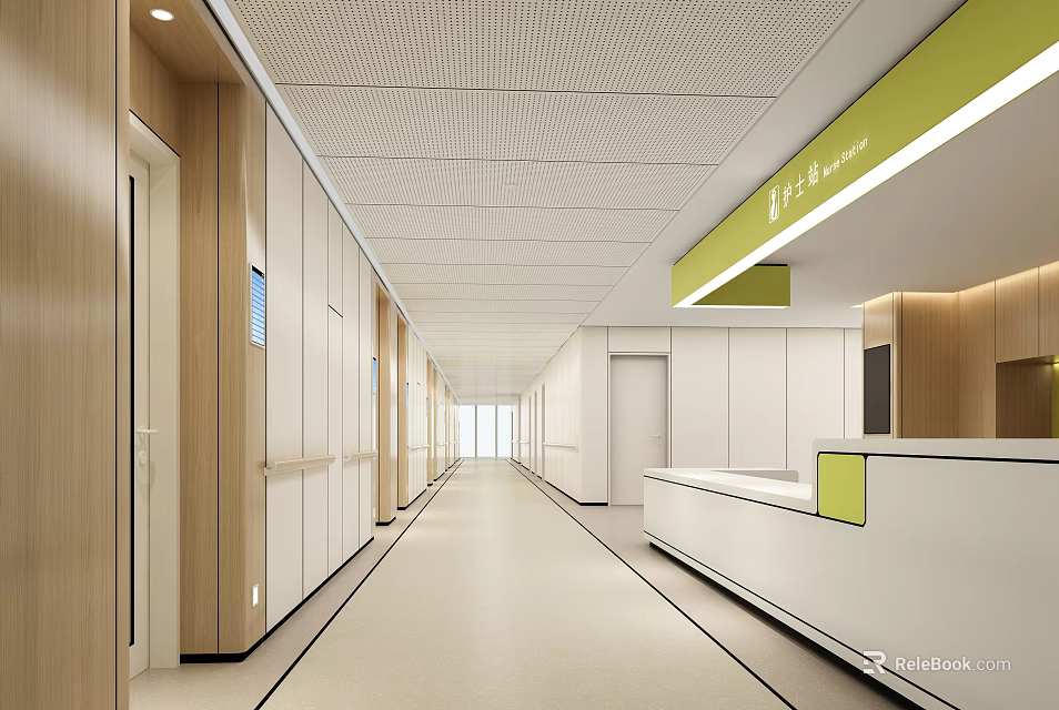 Modern Hospital Outpatient Clinic Corridor With Reception Desk And Wooden Walls Design 3d model 