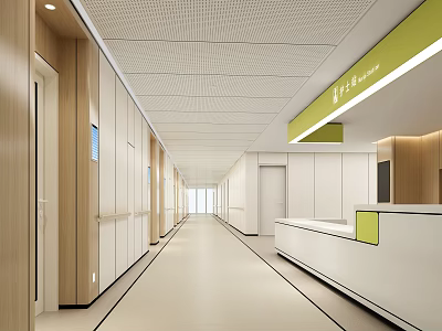 Modern Hospital Outpatient Clinic Corridor With Reception Desk And Wooden Walls Design 3d model
