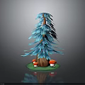 Decorative Wooden Tree Sculpture With Blue Leaves Red Mushrooms And Green Base