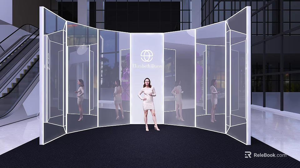 Curved Transparent Acrylic Backdrop Wall With Brand Logo And Model Reflections In Indoor Display Setting 3d model 