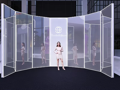 Curved Transparent Acrylic Backdrop Wall With Brand Logo And Model Reflections In Indoor Display Setting 3d model