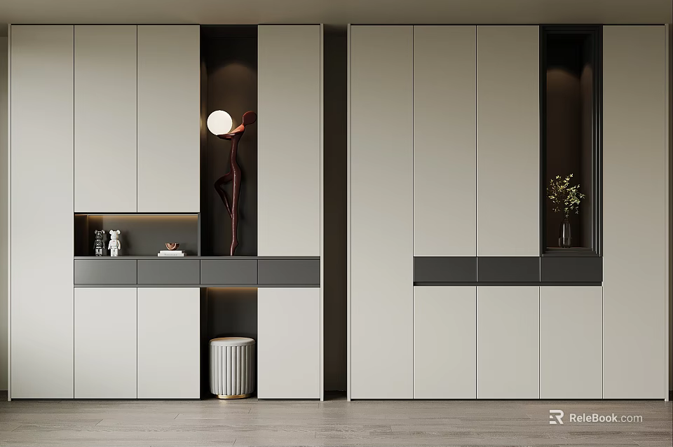 Modern Entryway Cabinet and Side Cabinet with Sleek White Design and Decorative Shelves with Vase 3d model 