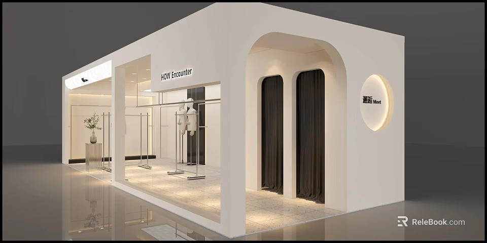 Modern SOLO Strutter Retail Store With Arched Doorways Display Windows Mannequins Dark Curtains Circular Sign 3d model 
