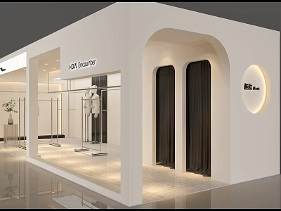 Modern SOLO Strutter Retail Store With Arched Doorways Display Windows Mannequins Dark Curtains Circular Sign 3d model