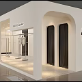 Modern SOLO Strutter Retail Store With Arched Doorways Display Windows Mannequins Dark Curtains Circular Sign