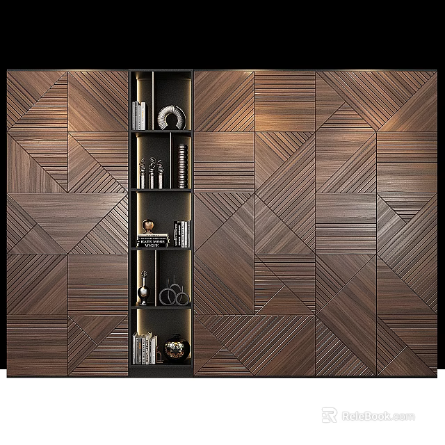 Modern Wooden Display Cabinet With Geometric Pattern Wall Design 3d model 