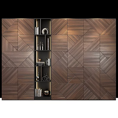 Modern Wooden Display Cabinet With Geometric Pattern Wall Design 3d model