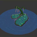 Modern Scene With Blue Water Green Island And Curved Tree Hanging Elements