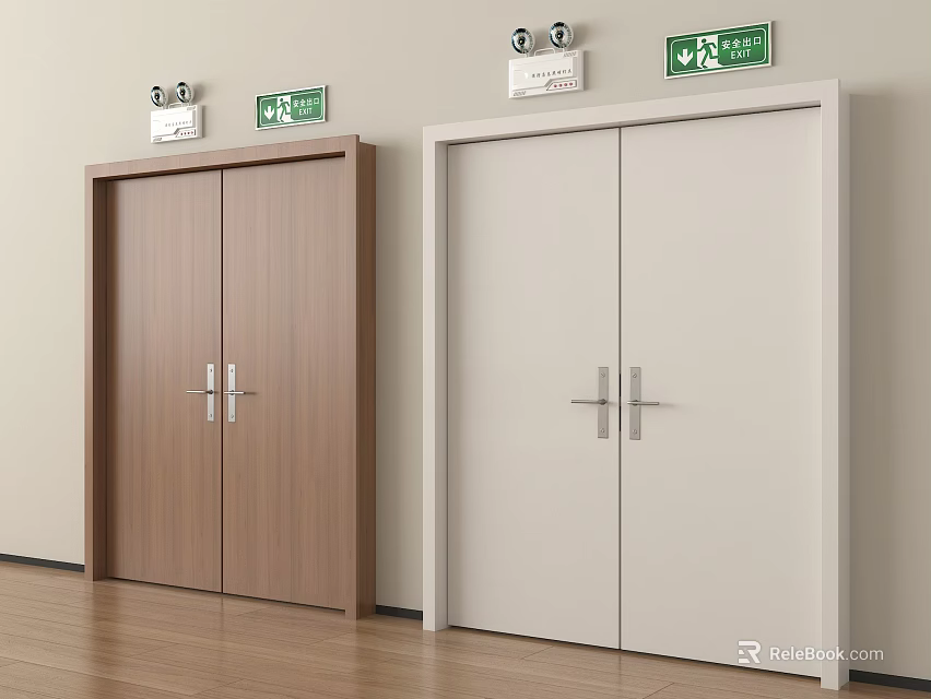 Brown Wooden And White Double Doors With Silver Handles And Green Exit Signs 3d model 