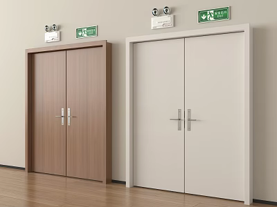 Brown Wooden And White Double Doors With Silver Handles And Green Exit Signs 3d model