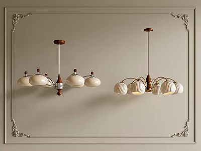 Modern Chandeliers With White Ceramic Shades Wooden Mounts And Ornate Wall Frame 3d model